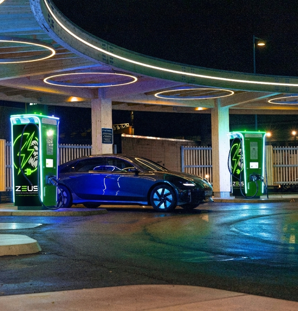 Estação de recarga Zeus com carro elétrico à noite