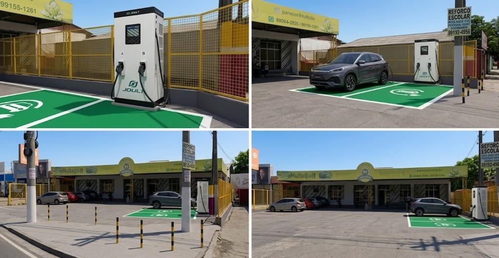 Simulação de como o ponto de recarga fica instalado em um estabelecimento comercial